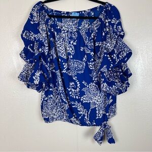 Crece Vibrant Blue Floral Women's Blouse with Ruffle Sleeves